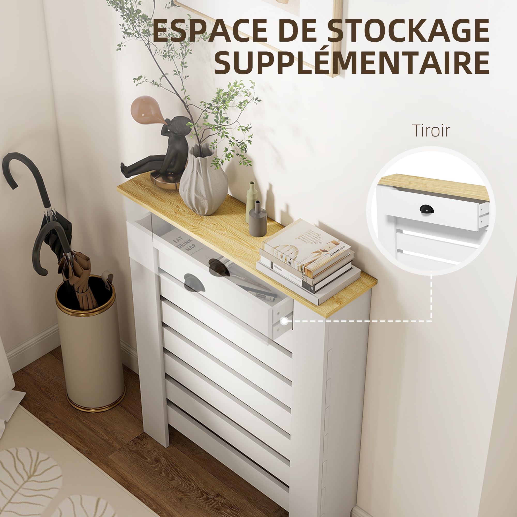 HOMCOM Couvercle de radiateur, cache radiateur, grille à lattes horizontales, avec tiroir, pour salon, chambre à coucher, couloir, en bois, 78 x 19 x 95,5 cm, blanc