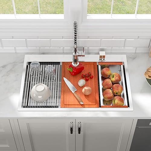 Miniatura 2 de Fregadero de cocina de 33 x 22 pulgadas, con caída en la parte superior, acero inoxidable calibre 16, esquina redonda, fregadero de cocina y