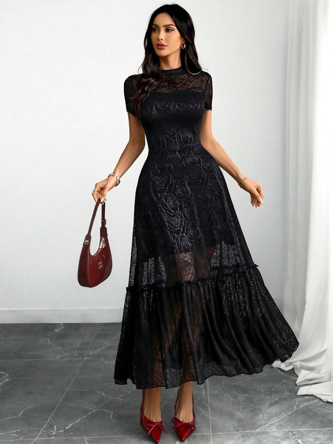 GothDark Womens Elegant Vintage Floral Lace Dress Short Sleeve Double Layer Gothic Midi Wedding Guest Cocktail Dresses - Image 3