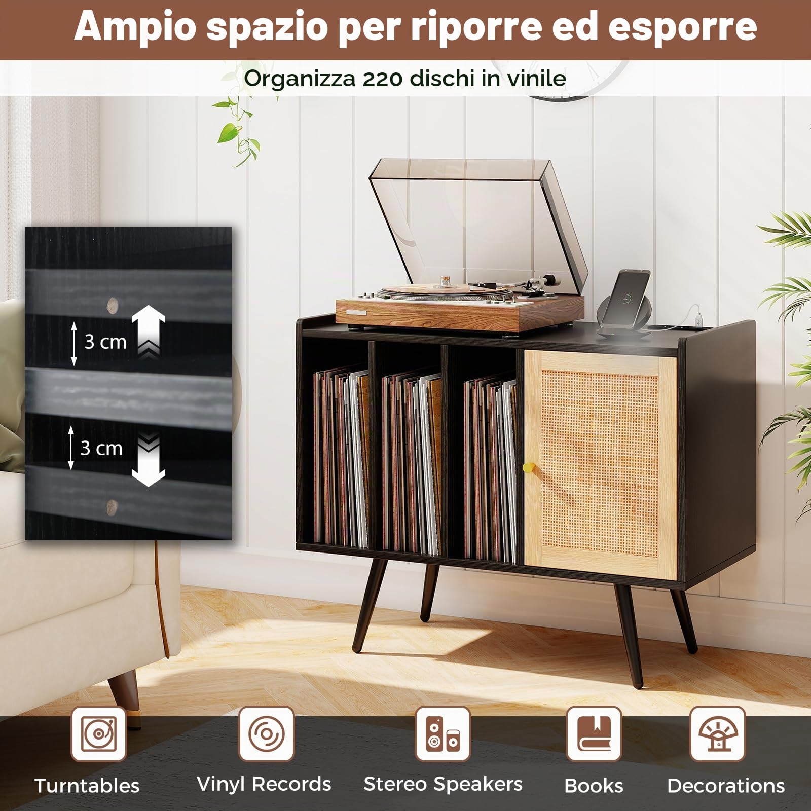 KOMFOTTEU Supporto per Giradischi con Stazione di Ricarica, Mobile Vinili con 3 Ripiani Aperti e Porta in Rattan, Espositore per Dischi con Ripiano Regolabile per Soggiorno, Studio (Nero)