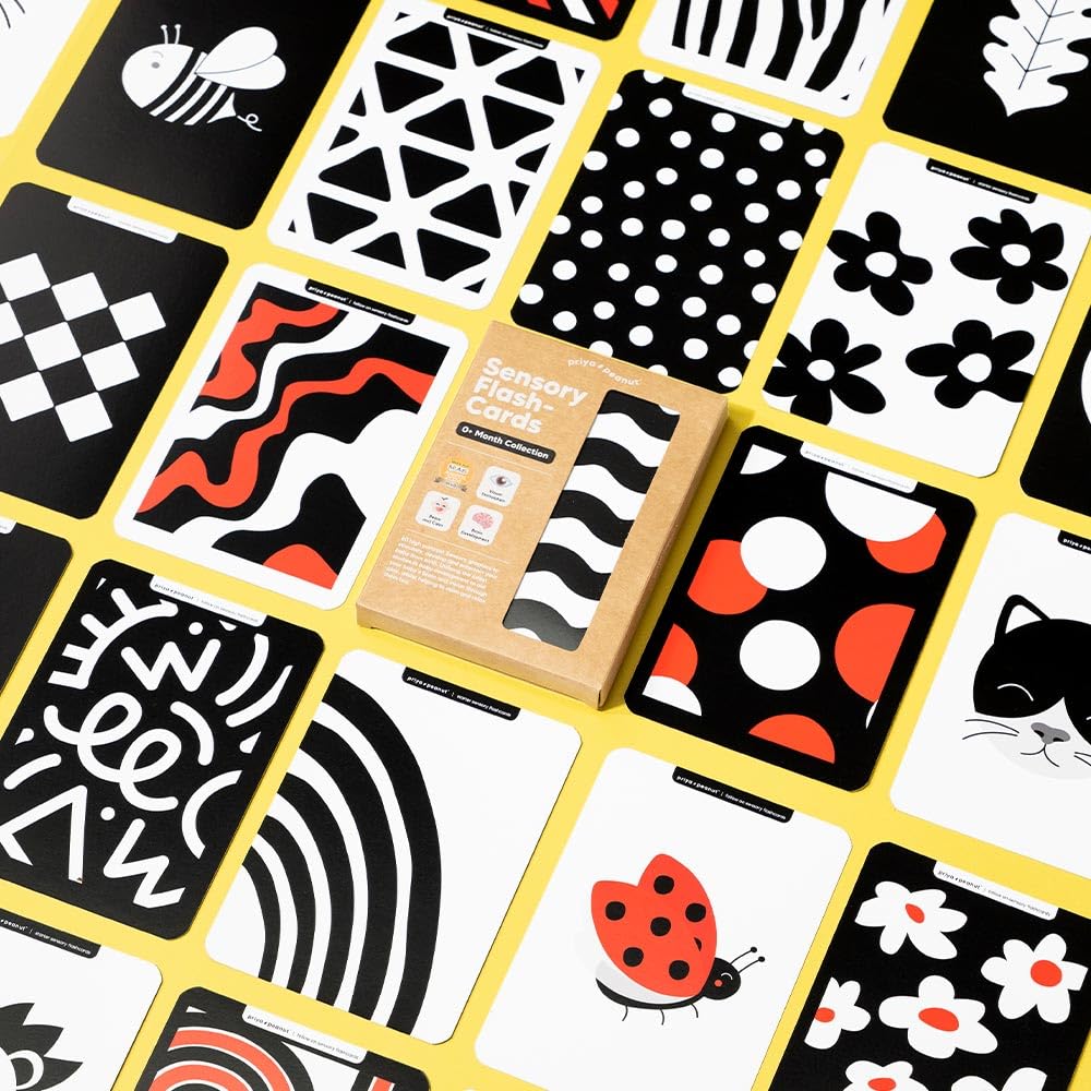 60 x Black & White Newborn Sensory Flash Cards (0-6 Months Old) - High Contrast Black & White Images for Newborn Stimulation & Development - Brain & Vision Development - Perfect Newborn Gift