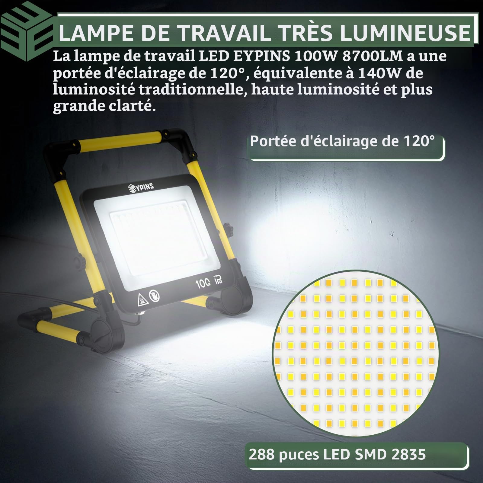EYPINS Projecteur LED Chantier 100W 8700 Lumens, 3 Températures (3000K/5000K/6500K), IP66 Étanche & Anti-Choc, Câble 5m avec Interrupteur, 360° Rotatif pour Garage/Atelier/Camping