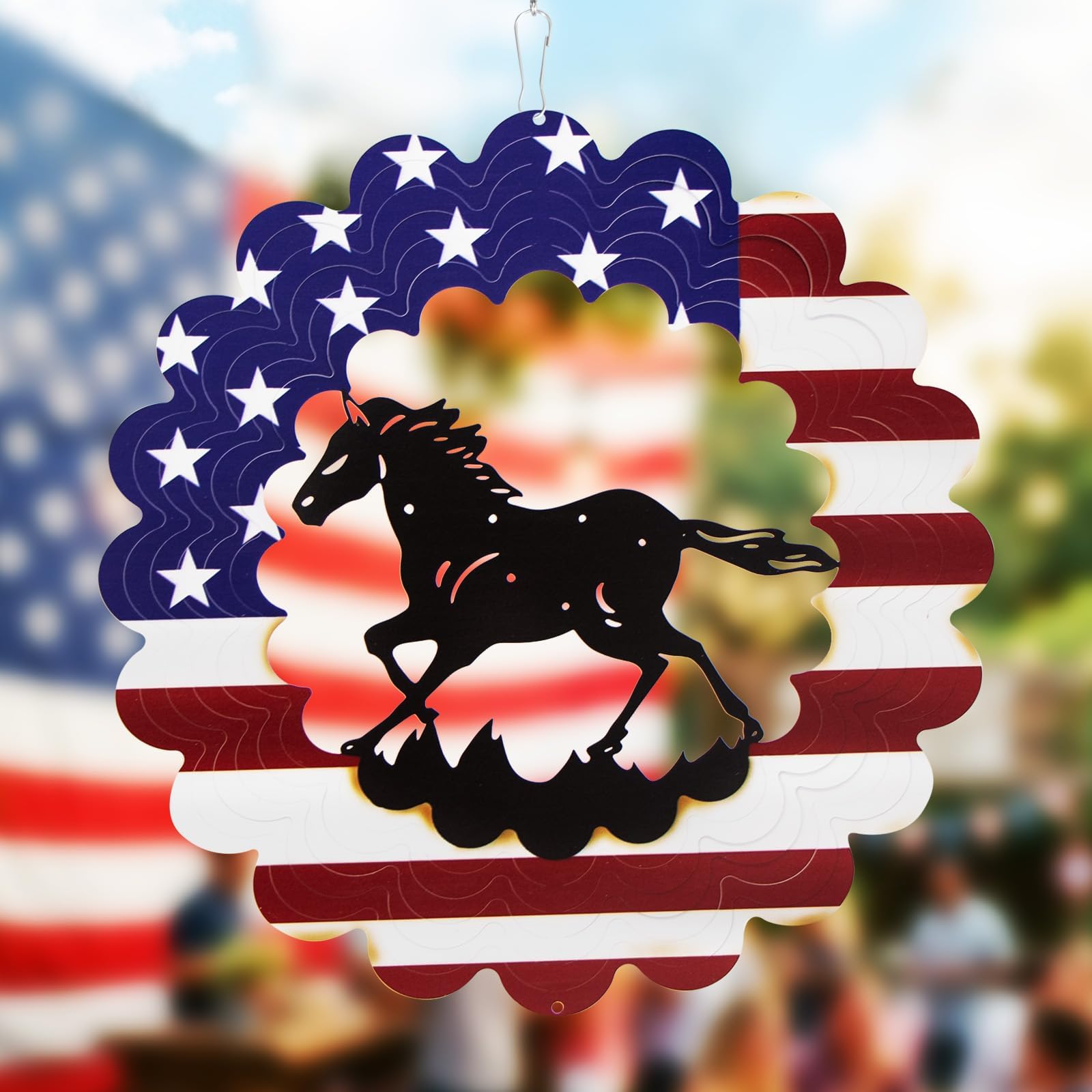 Horse Wind Spinner, 4th of July Decorations,Unique Birthday Horse Gifts for Women Men Mom, Metal Yard Art with American Flag, Patriotic Outdoor Decor for Garden, Porch or Patio(12 Inch)