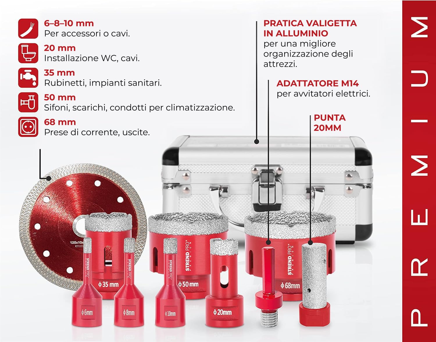 STREND PRO Set Frese a Tazza Diamantate 6-8-10-20-35-50-68 mm | Disco Diamantato 125 mm, Fresa a Dito 20 mm e Adattatore SDS | Valigetta in Alluminio | Piastrelle, Gres e Granito | Taglio Secco