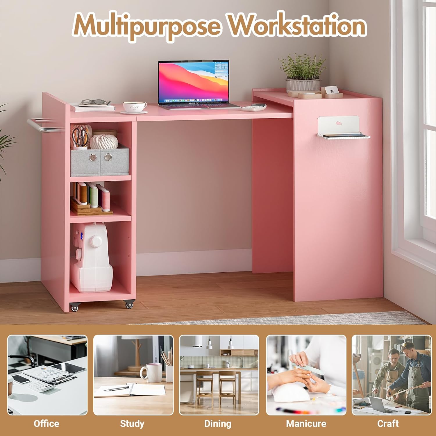 Folding Sewing Table, Wall Mount Sewing Machine Cabinet w/ Storage Shelves & Fabric Drawer，Multipurpose Dining Craft Laundry Desk Work Station, Compact Corner Side Table for Small Space, Pink