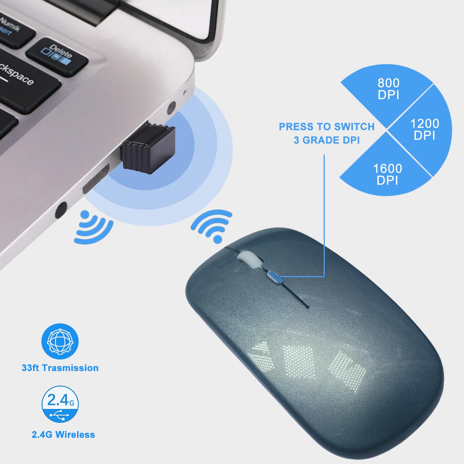 Souris sans fil, 3 souris silencieuses et 1 tapis de souris, souris de bureau optique portable, 2,4 GHz avec mini récepteur USB, 3 DPI réglables pour ordinateur portable, PC, ordinateur de bureau, 3