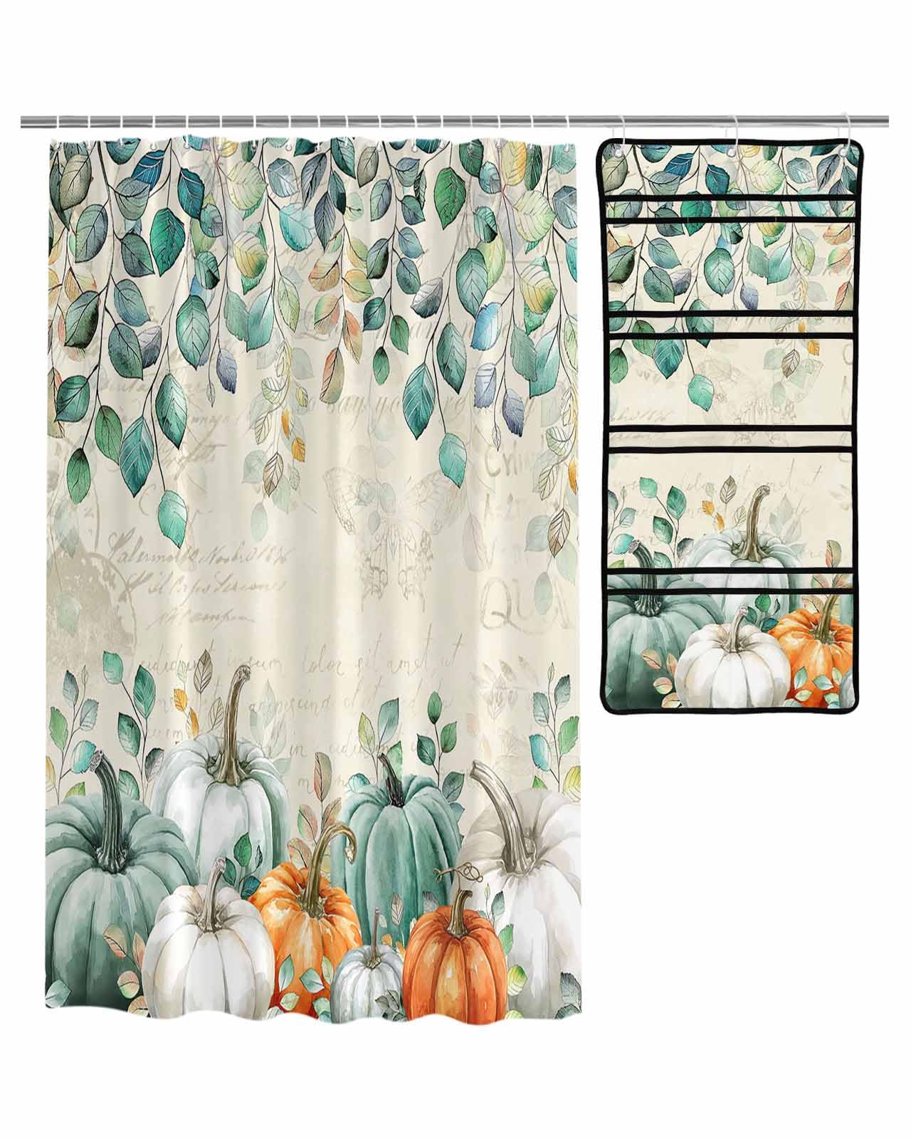 Decorative Shower Curtain Sets Fall Polyester Fabric Waterproof Shower Curtains Autumn Vintage Pumpkin Green Leaf Textured Beige Mesh