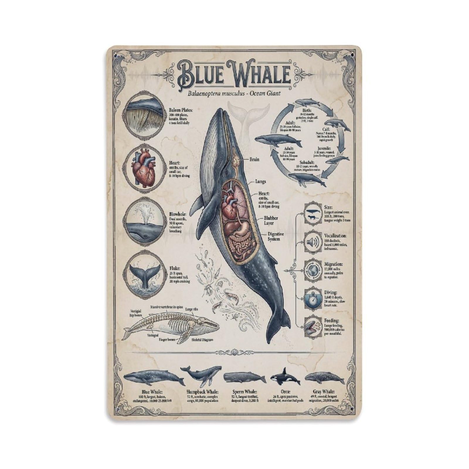 Educational Nature Wildlife Biology Kid Animal Guide Whale Metal Tin Sign Plaque Wall Decor for Cafe, Man Cave, Club Bar, Office, Home Garden Round Metal Poster 8x12Inch