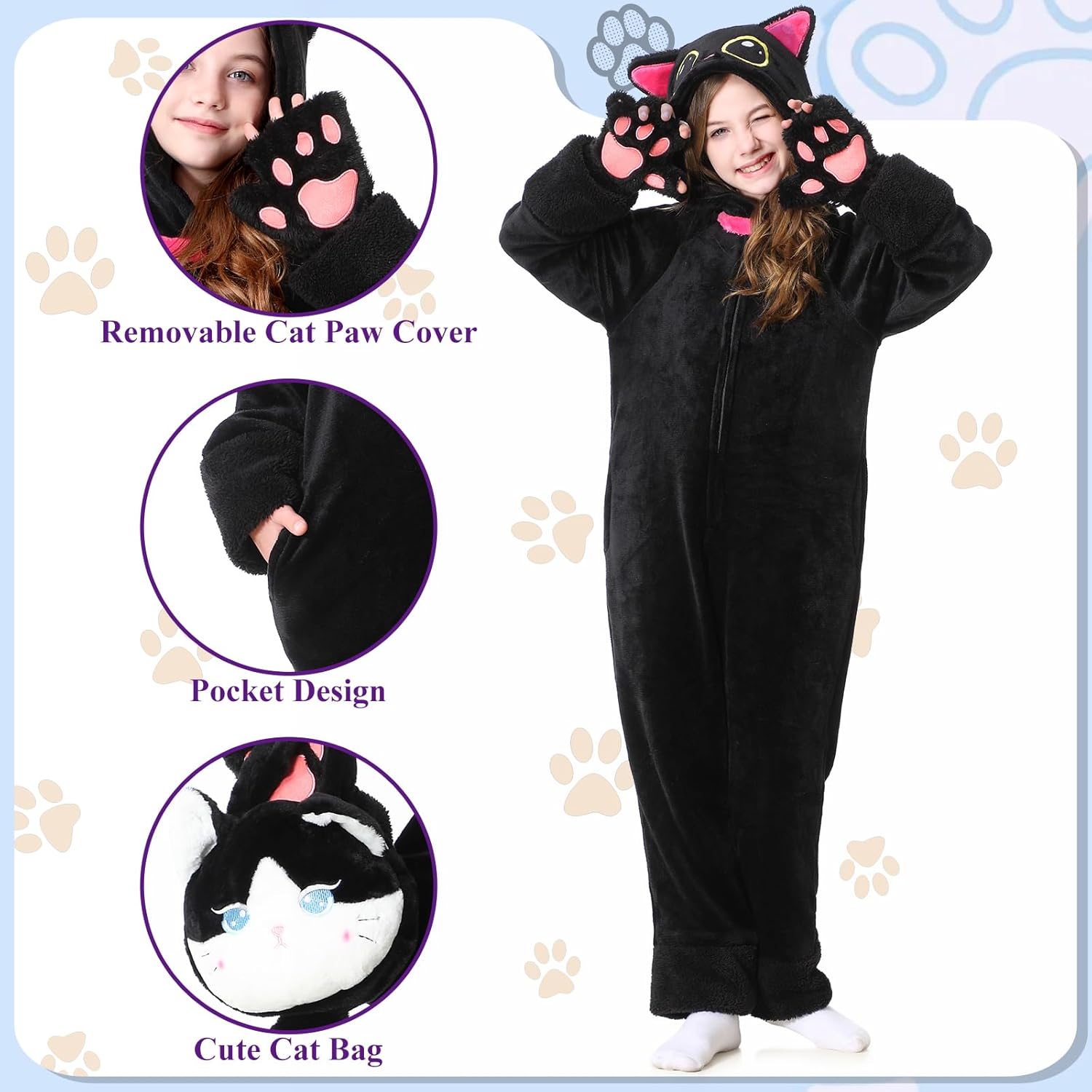Resiwai Cat Costume for Girls and Boys, Animal Onesie Costumes with Bag and Cat Paws, Halloween Kitty Costume for Kids - Image 2