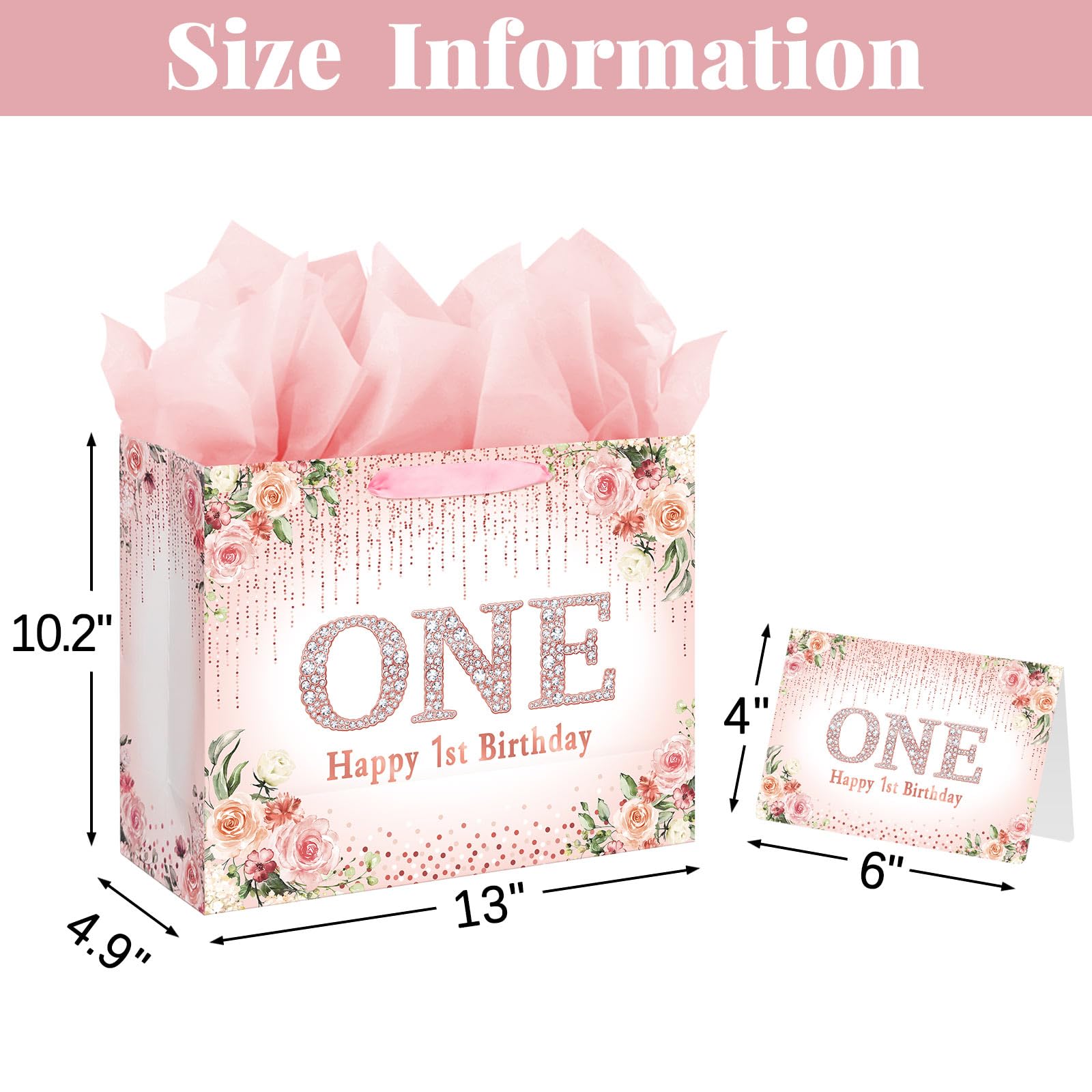 Laidans Rose Gold One Year Old Happy Birthday Gift Bag with Tissue Paper and Card for Bday Party Supplies (Rose Gold) (1st)