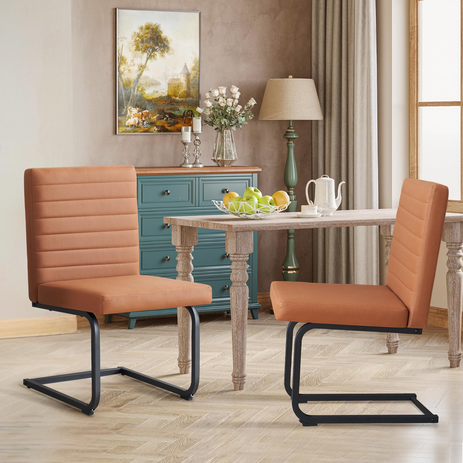 Furniliving Dining Chairs Set of 2, Modern Upholstered Faux Leather Kitchen Chairs with Steel Legs, High Back, Armless Chair for Dining Room, Kitchen,