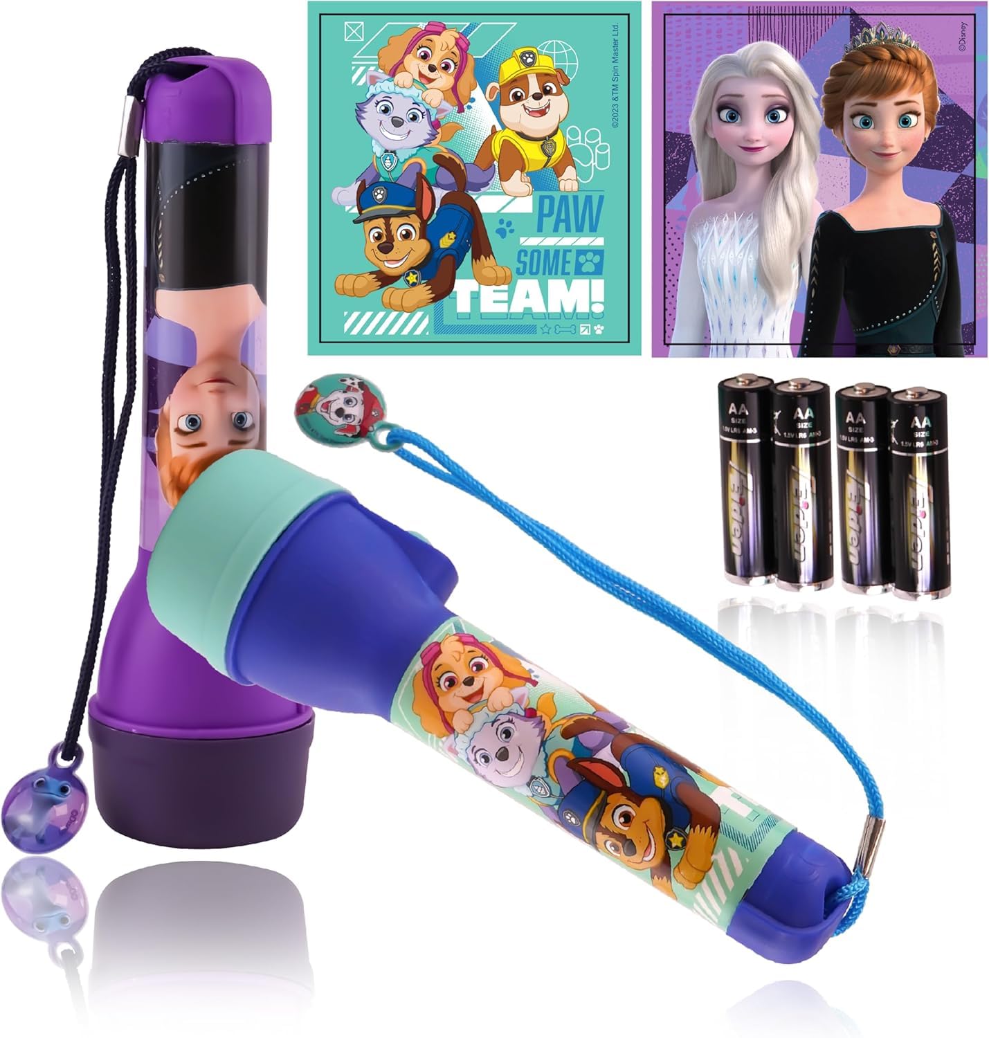 SRV Hub 2X Colorful Children's Flashlights, Plastic Frozen and Paw Patrol Bright Hand Flashlight, Lightweight LED Torch for Power Cut, Camping, Christmas, Size -16cm | Luminous Range: 3.5 Meter