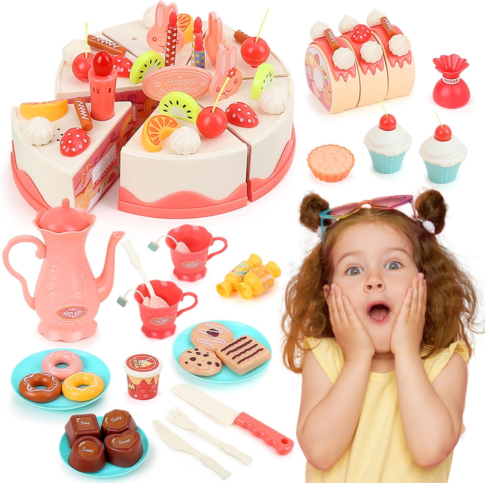 Kramow Pretend Play Food Set for Kids, Cutting and Decorating Birthday Cake with Music and Light, Educational Toys for Girls and Boys Ages 3-6, Role-Playing Kitchen Toy, Creative Learning Gift