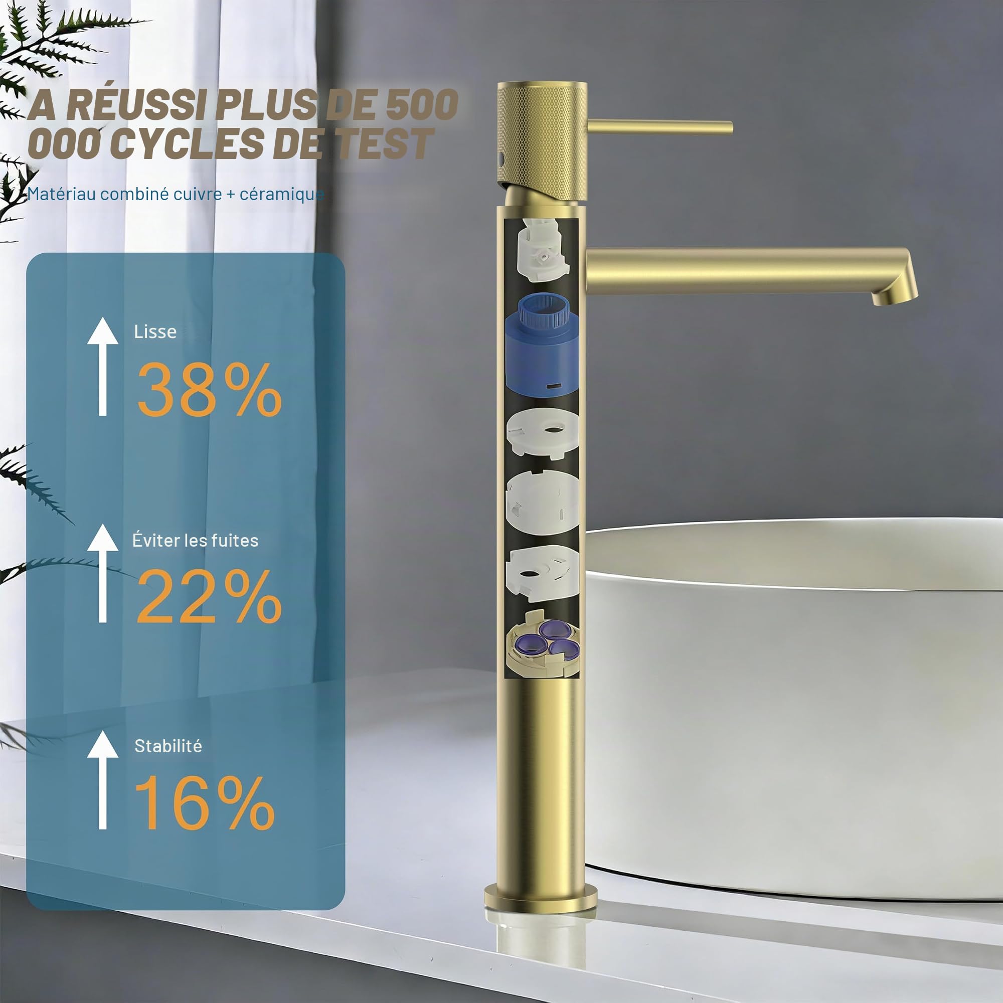 Krobec Mitigeur Lavabo Haut, Robinet Salle Bain, Mitigeur pour Vasque a Poser, Robinet de Lavabo Haut Salle de Bains en Acier Inoxydable, Hauteur de Bec de 250mm,Or brossé.