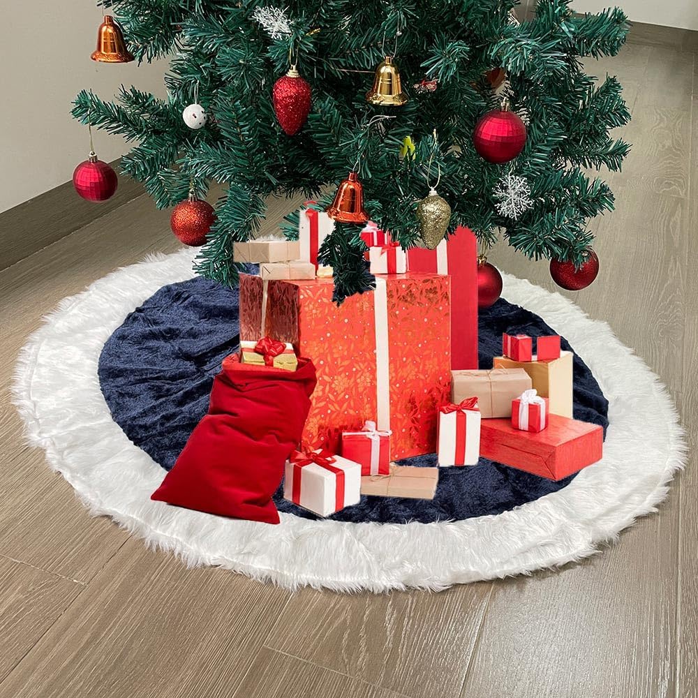 Christmas Tree Skirt Navy Blue Tree Skirt Xmas Christmas Tree Mat Soft Classic Fluffy Plush Christmas Tree Base Cover Farmhouse Tree Skirt for Holiday Christmas Ornament Home New Year Decorations