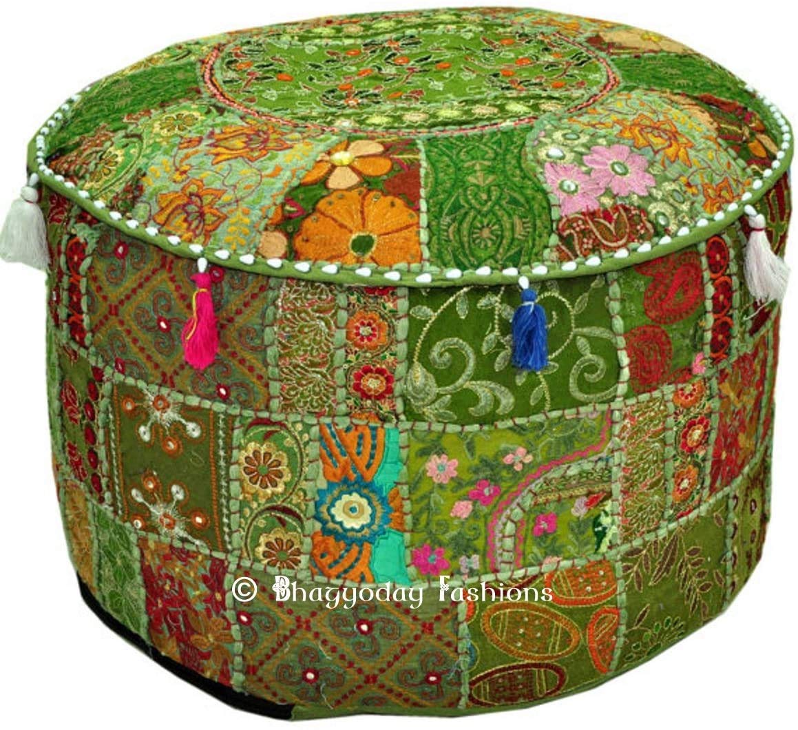 Sophia-Art Indian Embroidered Patchwork Cover Indian Decorative Pouf Indian Comfortable Floor Cotton Cushion Ottoman Pouf,Indian Designs Ethnic Patchwork Pouf (Light Green, 18"x13")-image-31