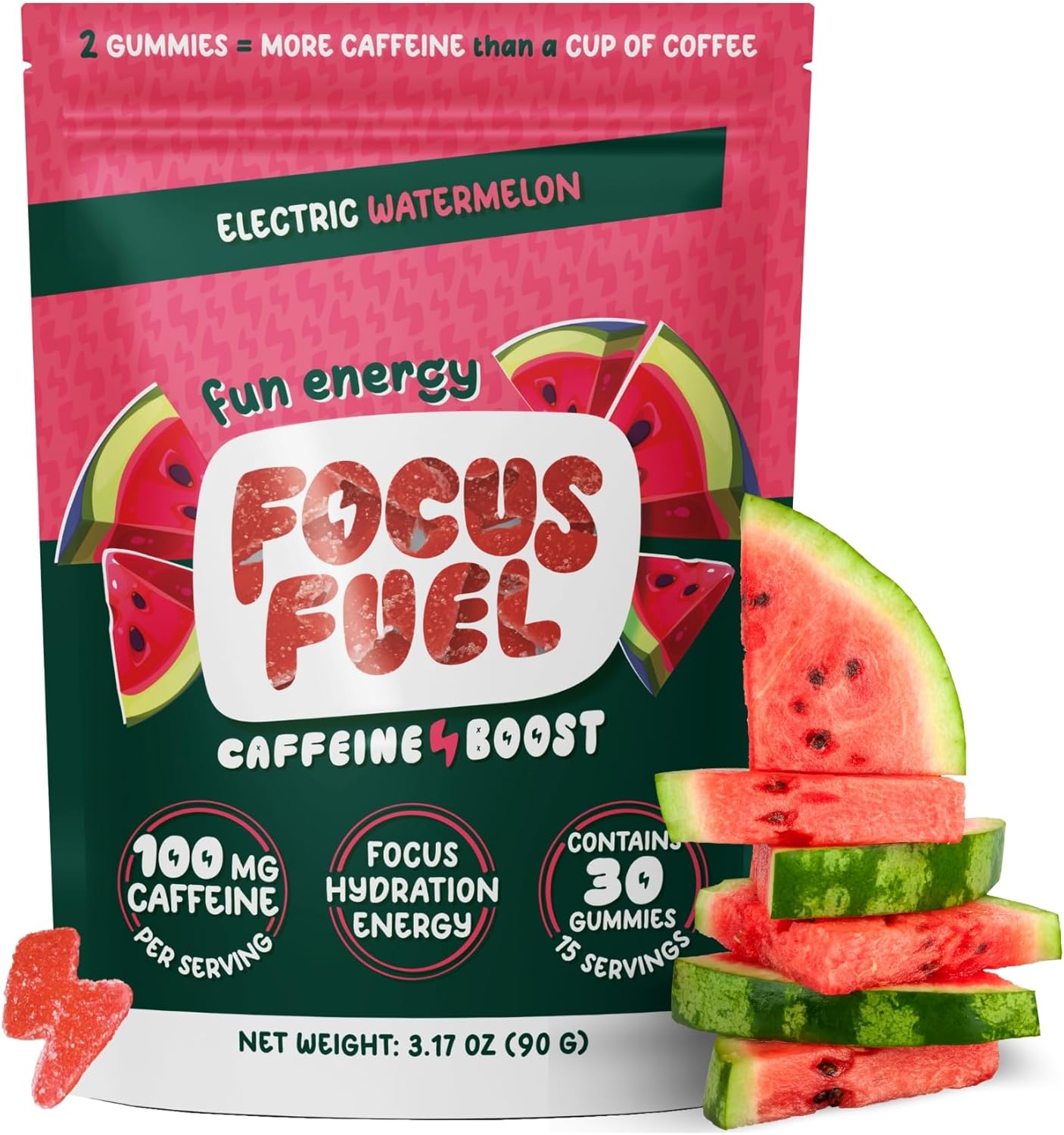 FocusFuel Energy Chews – Watermelon Flavor (15 Servings) – 100mg Caffeine + L-Theanine + B12, Magnesium – All-Natural Energy Boost – No Crash or Jitters