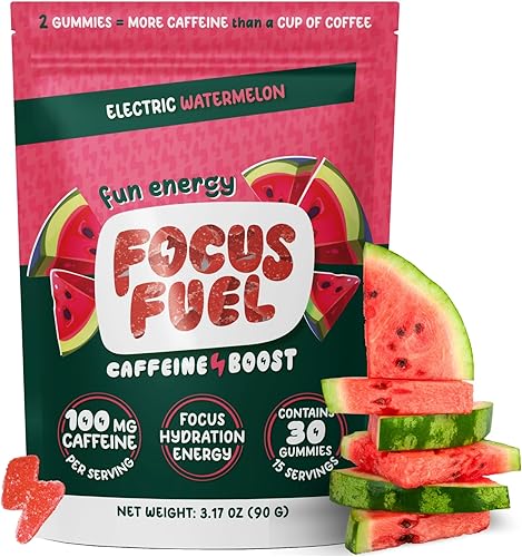 FocusFuel Energy Chews - Sabor a sandía (15 porciones) - 100 mg de cafeína + L-teanina + B12, magnesio - Impulso de energía totalmente natural - Sin