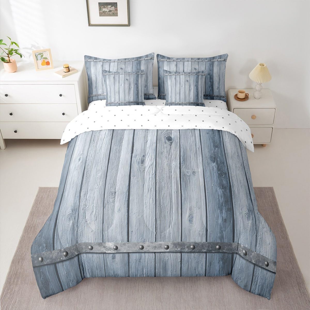 Feelyou Adults Wood Barn Door Comforter Set 7 Pieces Full Size，Rustic Farmhouse Wooden Decor Bedding Set for Kids, Vintage Cabin Bed Set Country Comforter + Sheets + Pillowcases + Cushion Covers