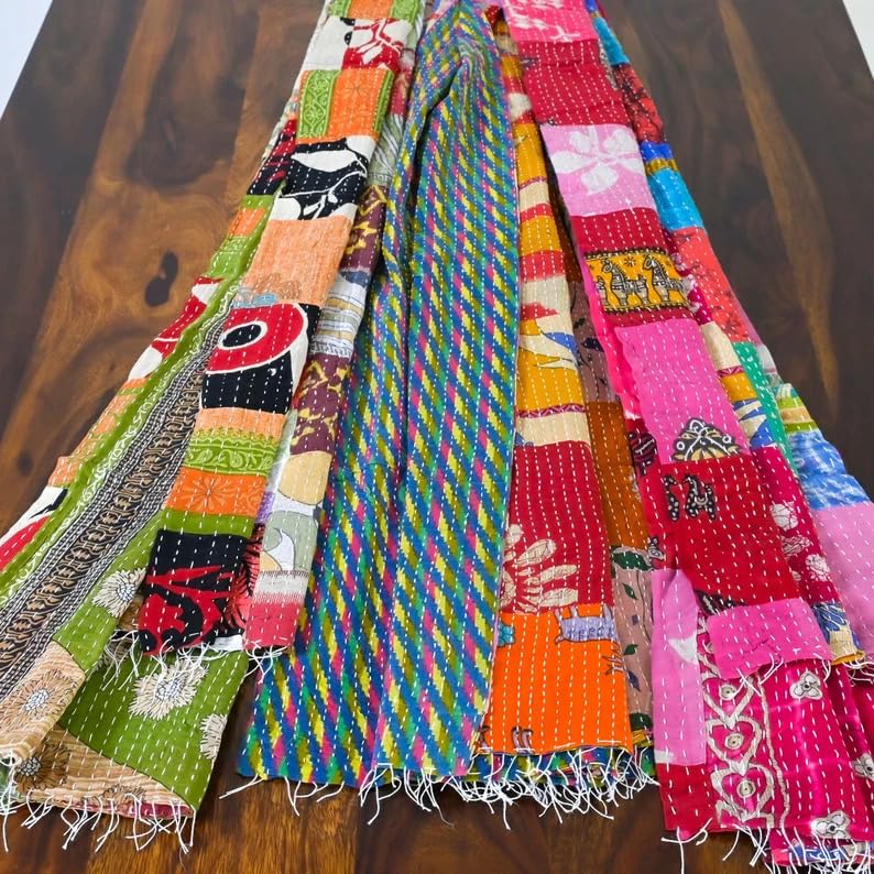 Set of 5 assorted cotton Patchwork Kantha Scarves, Handmade Vintage one-of-a-kind cotton scarf
