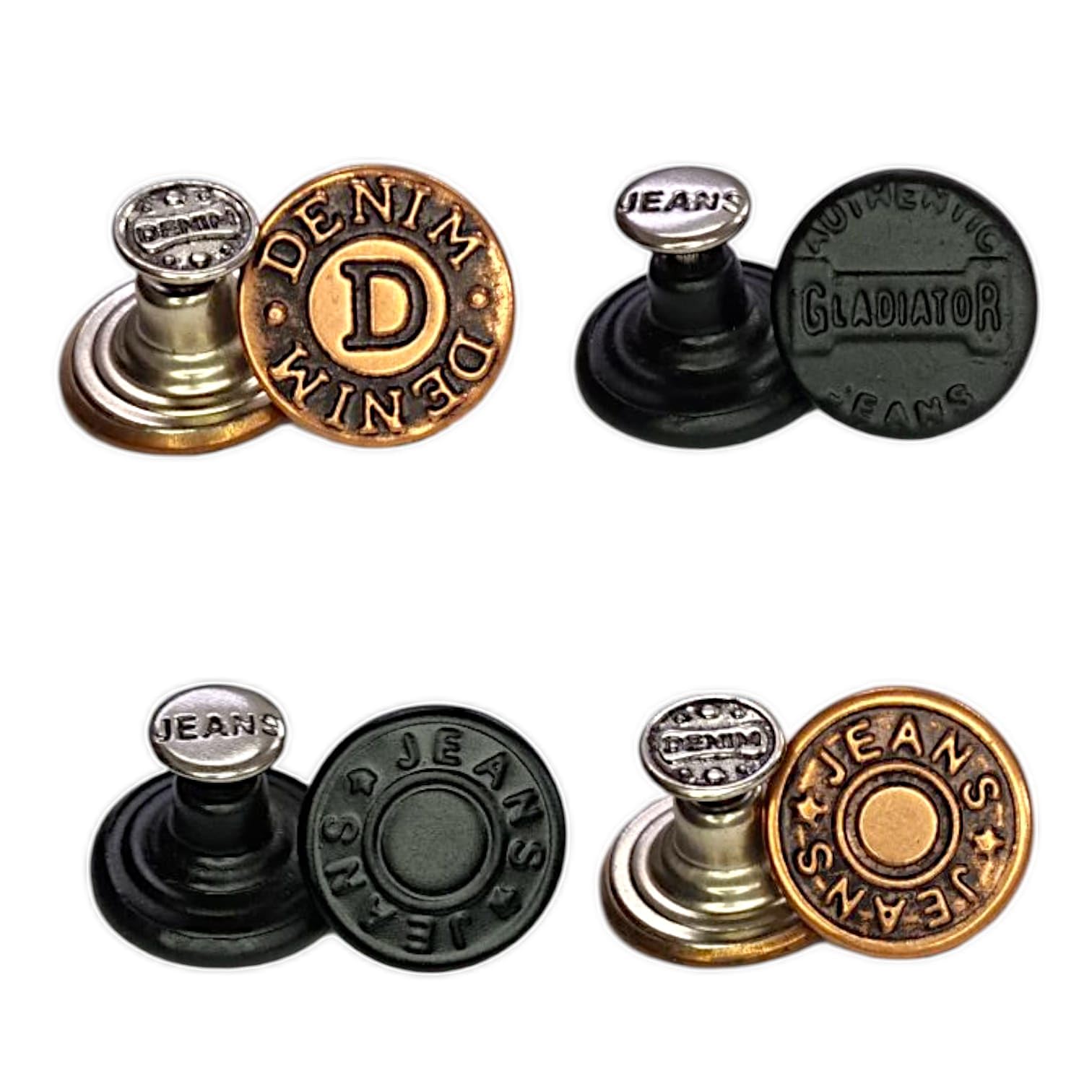 RIANZ® Pack of 4 Metal Jeans Buttons for Jackets, Jeans, Dungarees, Skirts & DIY Tailoring | No-Sew Replacement Snap Buttons for Clothing Repair & Waist Adjustment (Mixed Designs - 4)-image-38