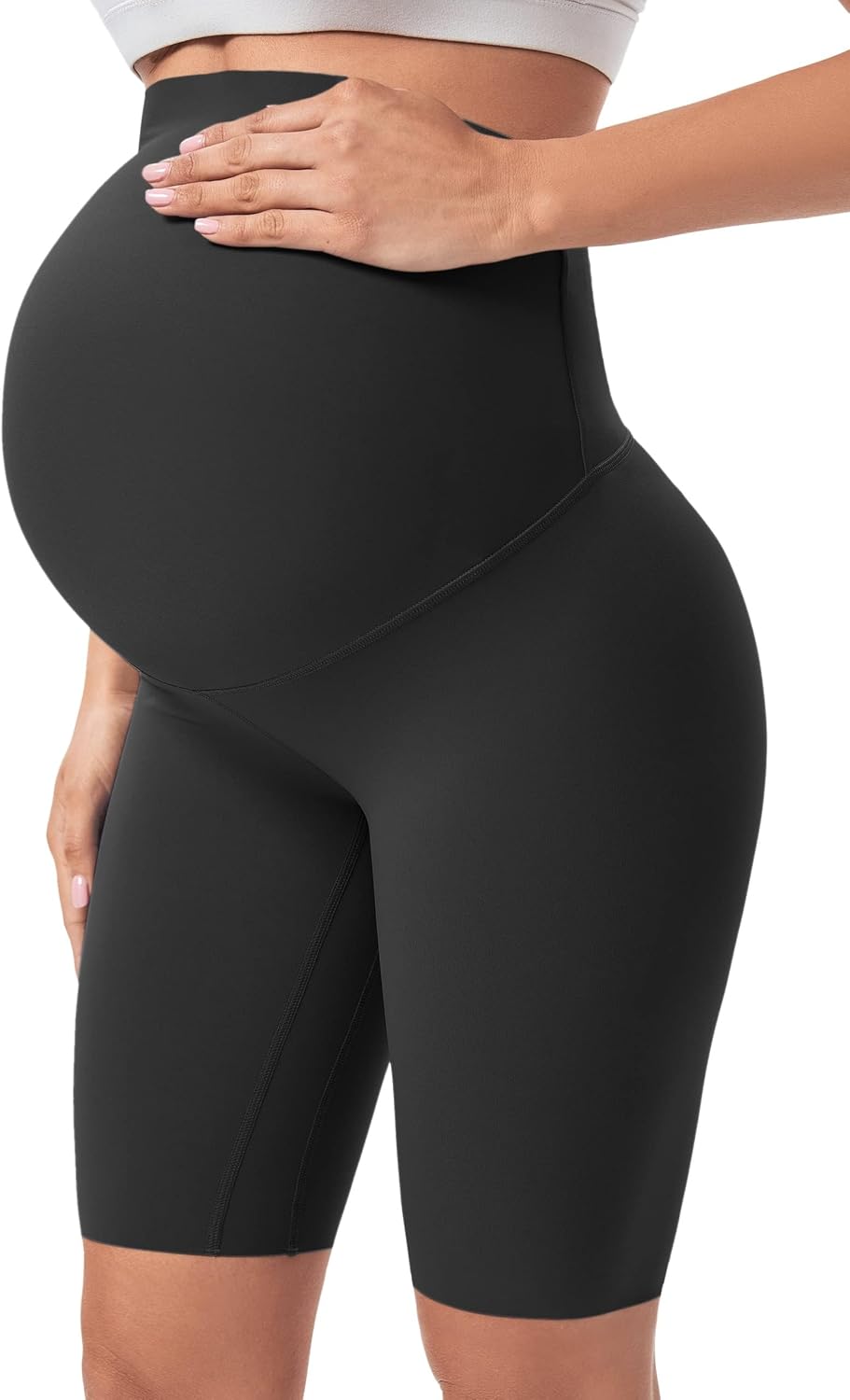 Eileithyia Maternity Biker Shorts with Pockets, Mid-Thigh Yoga Shorts for Women Black