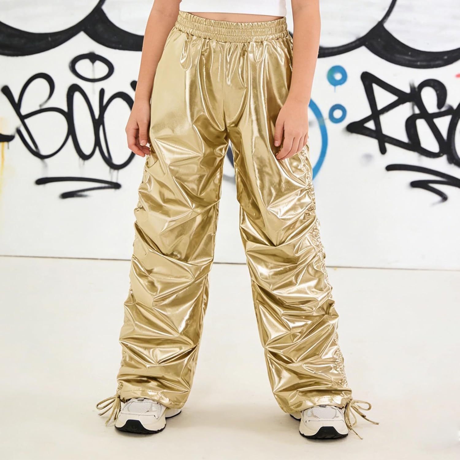 Jhaoyu Girls Metallic Dance Pants Hip Hop Joggers Streetwear Stage Performance Competitions Ruched Bottoms