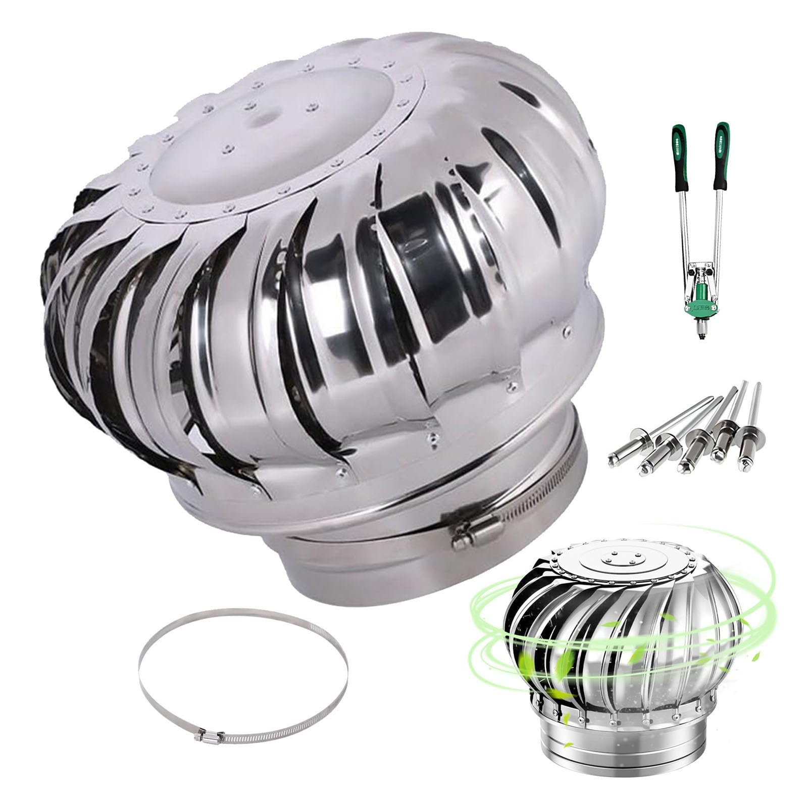 EJGMCNSGB Roof Wind Rotating Turbine Cap, 3 4 4.3 5.9 6.3 7.9 9.9 in Chimney Cover, 201 Stainless Steel Chimney Flue Cowl with Fastening Device, Insulation Attic Roof Vents(11 cm/4.3 in)