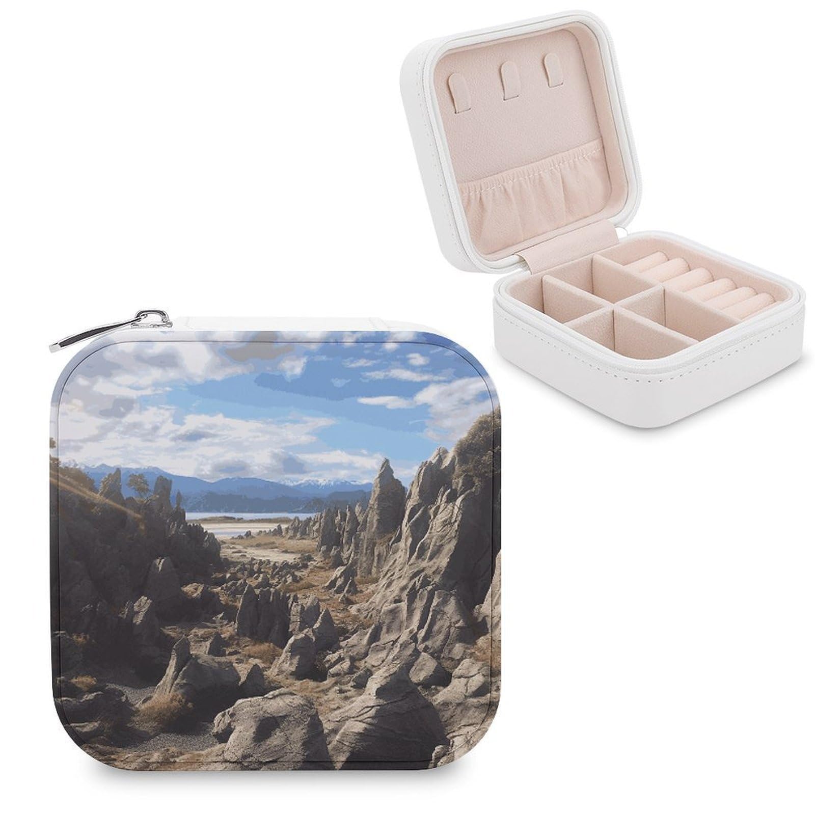 FekiLoot Rocks Scenic Jewelry Box Custom Jewelry Travel Case Pu Leather Trinket Organizer Box to Organize Ring Pendant Earring Small Portable Jewelry Storage Holder for Women