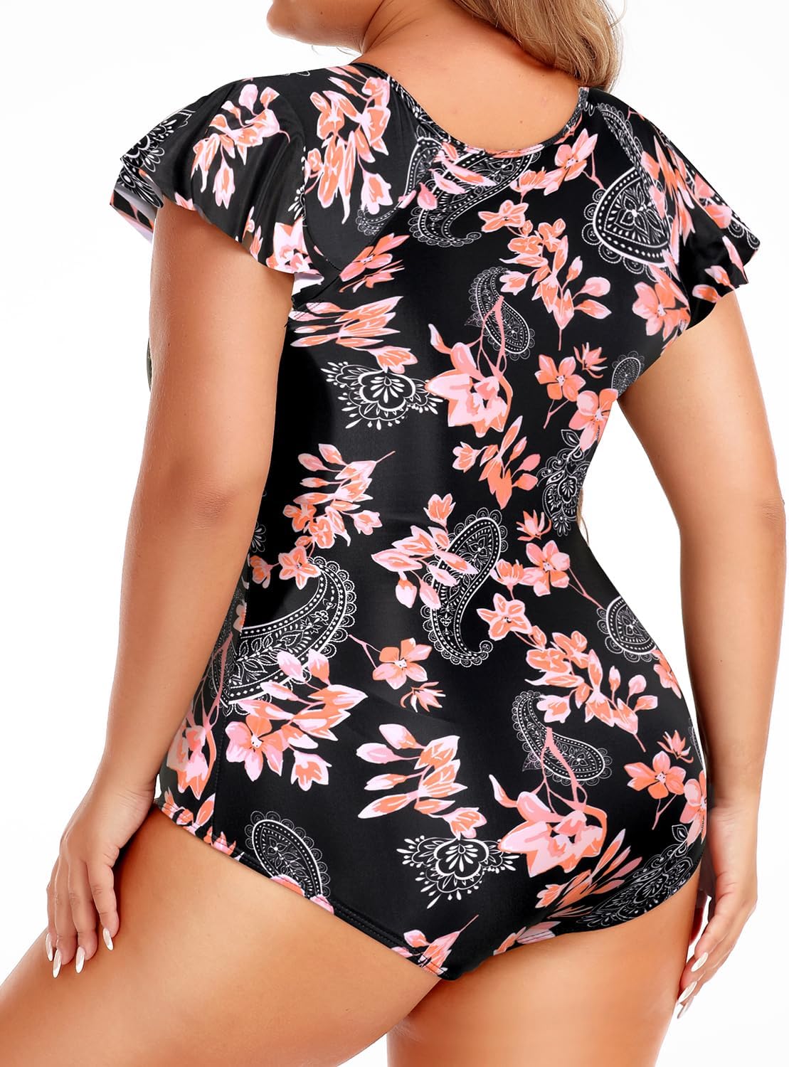 Holipick Plus Size One Piece Swimsuit for Women Tummy Control Cap Sleeves Bathing Suits Zipper Front Rash Guard Swimwear