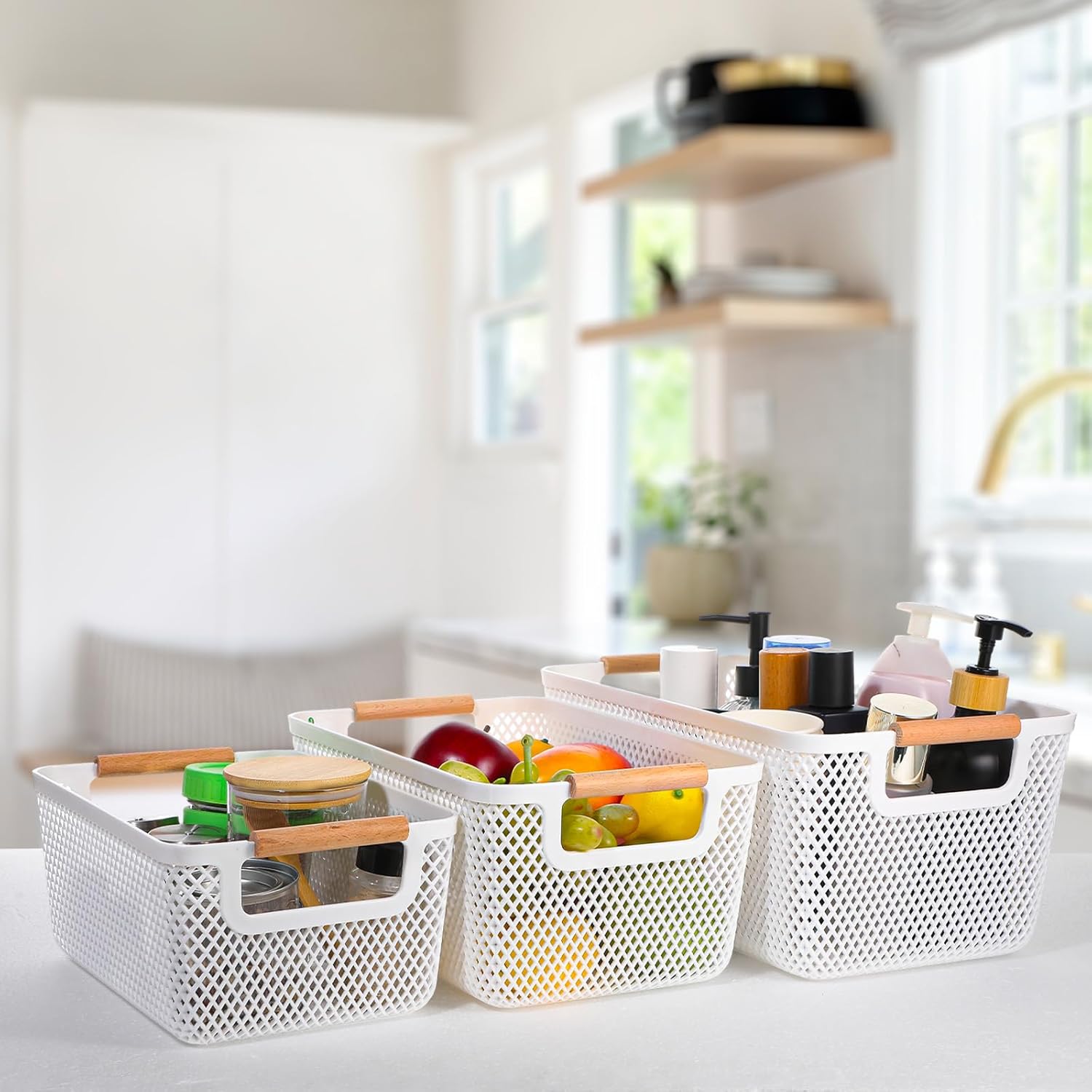 3 Pcs Plastic Mesh Basket White with Wood Handle, Plastic Wire Baskets for Pantry, White Wire Countertop Basket, Cabinet Pantry Closet Bedroom Kitchen(3 Size)