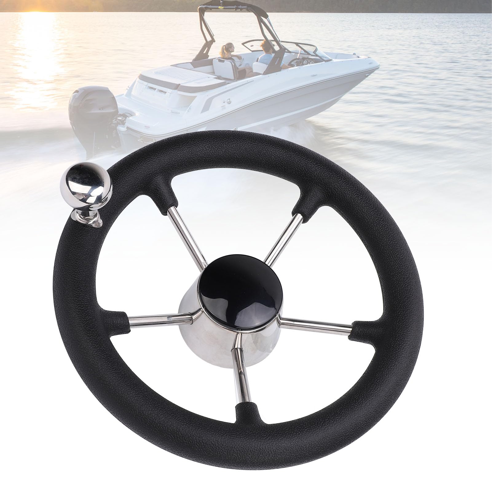 Volante de Dirección Marino de Acero Inoxidable 304, 11 Pulgadas, 5 Radios, Borde de Espuma Negra, con Perilla de Control, para Botes y Yates