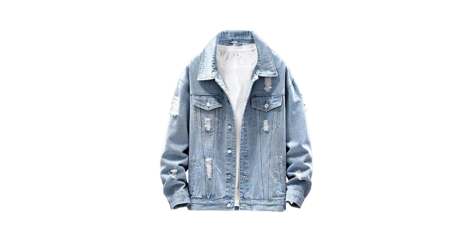 SWJGLITTR Men Button Distressed Denim Jacket Ripped Slim