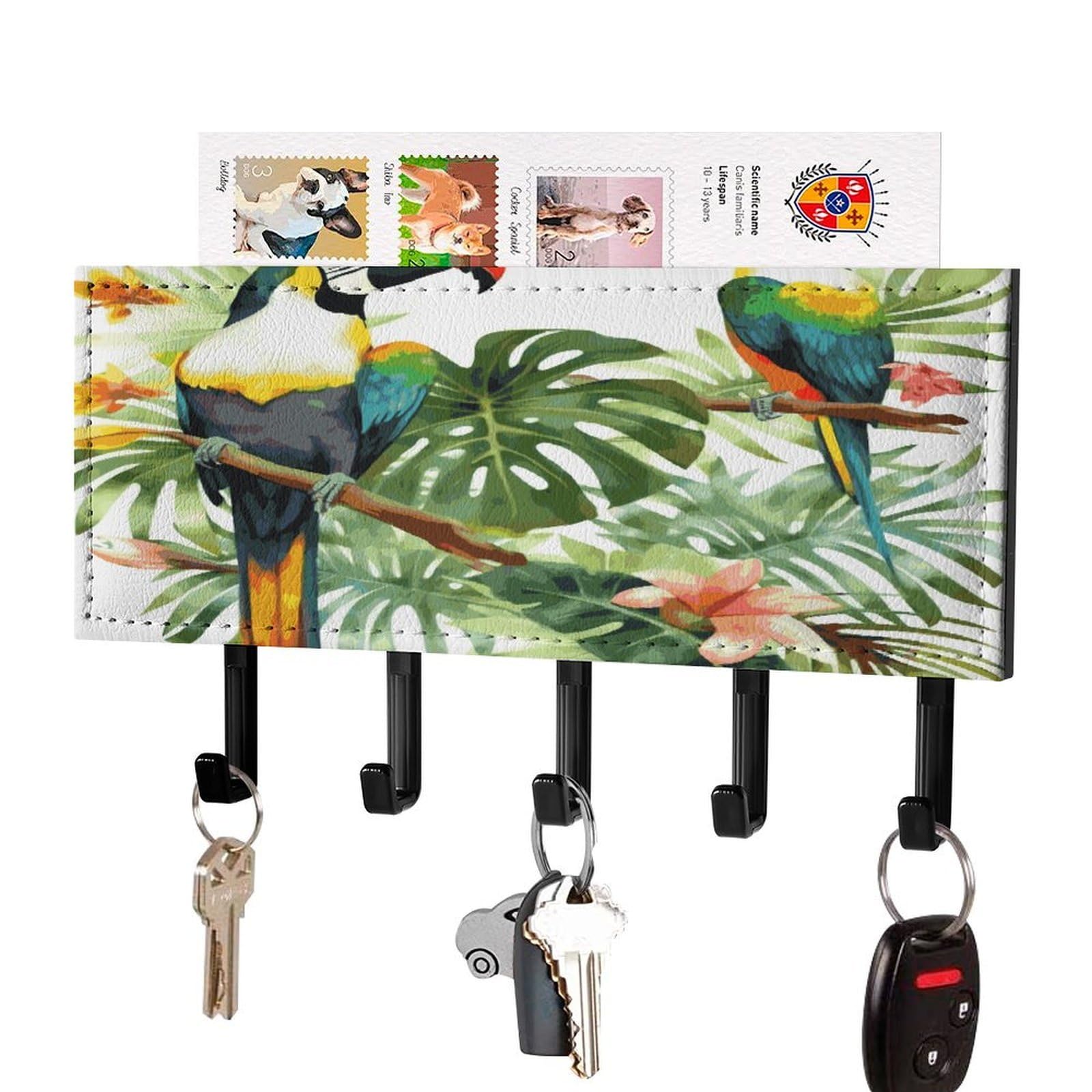 Vstadank Black-Style Toucans Parrot Palm Tree Leaves Key Holder For Wall Mount With 5 Hooks Decorative Key And Mail Holder Farmhouse Wall Hooks With Shelf Pu Leather Key Rack With Mail Holders For Entryway Home