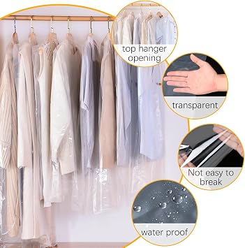 MIDELONG 10Pcs (24 x 36 In) Clear Plastic Clothes Covers, Dry Cleaners Bags Hanging Dust-proof Clothing Protector Covers Garment Bags for Home Storage Clothing Stores Dry Cleaning