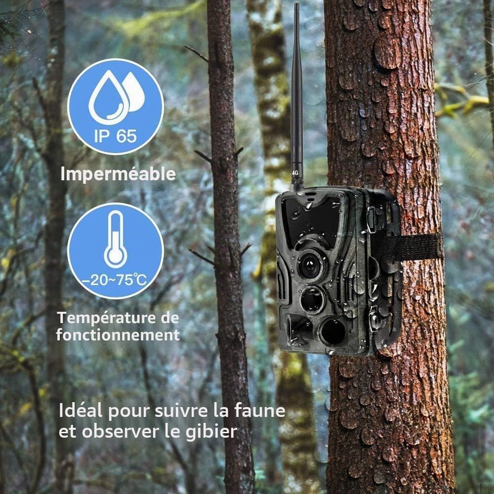 Camera de Chasse 4G APP, 120MP 4K Caméra Chasse avec Carte SIM, Envoi de Photos, Vidéo en Direct, Piege Photographique Nocturne 850 nm IR LED, Caméra de Chasse avec Détecteur de Mouvement