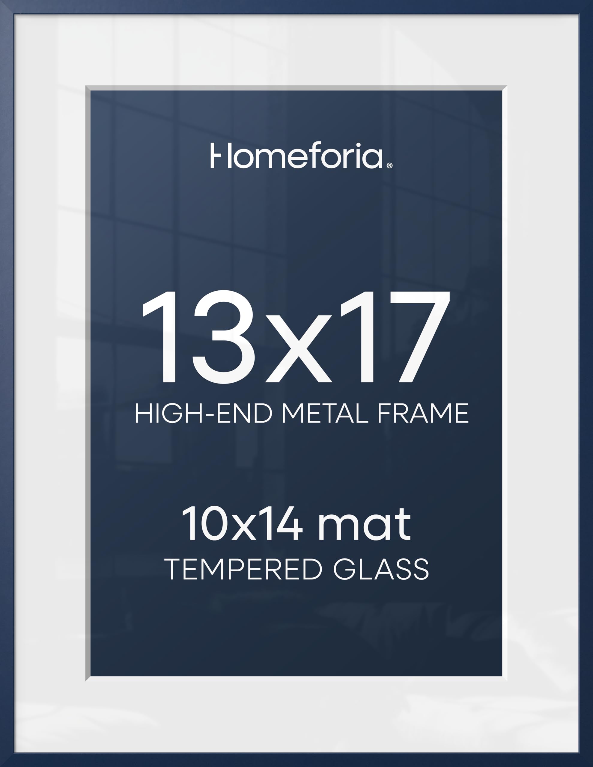Homeforia 13x17 Blue Picture Frame, High-End Metal, 10x14 Mat, Glass | High End Aluminum, Tempered Glass, Acid-Free 10x14 Removable Mat, 13x17 in Edge-to-Edge Display 17x13, Wall Kit, Set Of 1