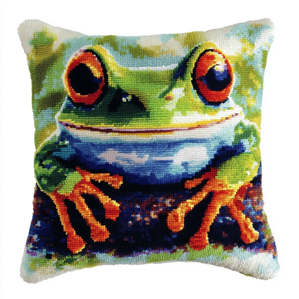 Taxpy Latch Hook Cushion Kits, Animal Frog DIY Latch Hook Kits Pillow Printed Cushion Embroidery Needlework Craft Embroidery Kit,17x17inch