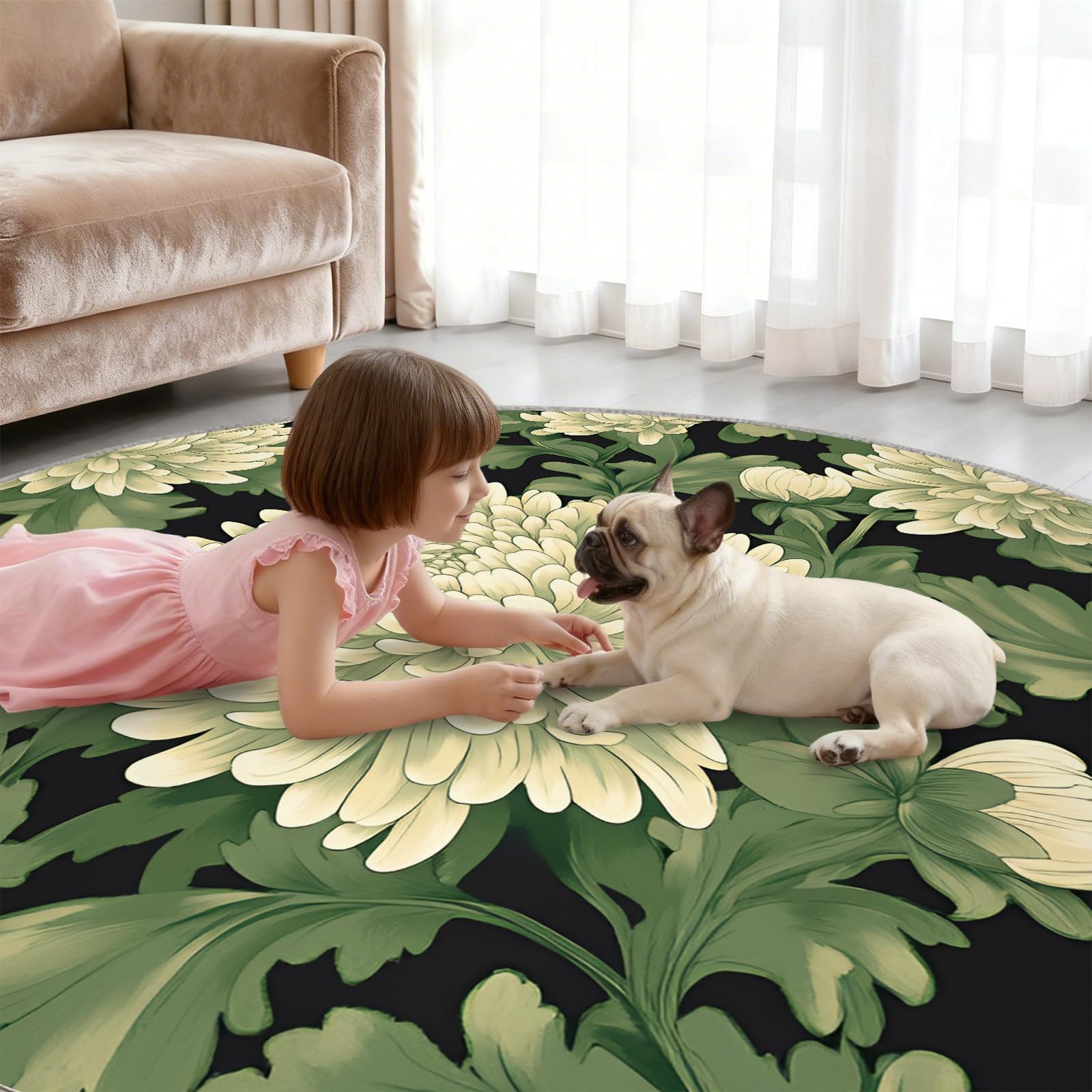 Tapis rond motif chrysanthème sauge, 2 m, crème