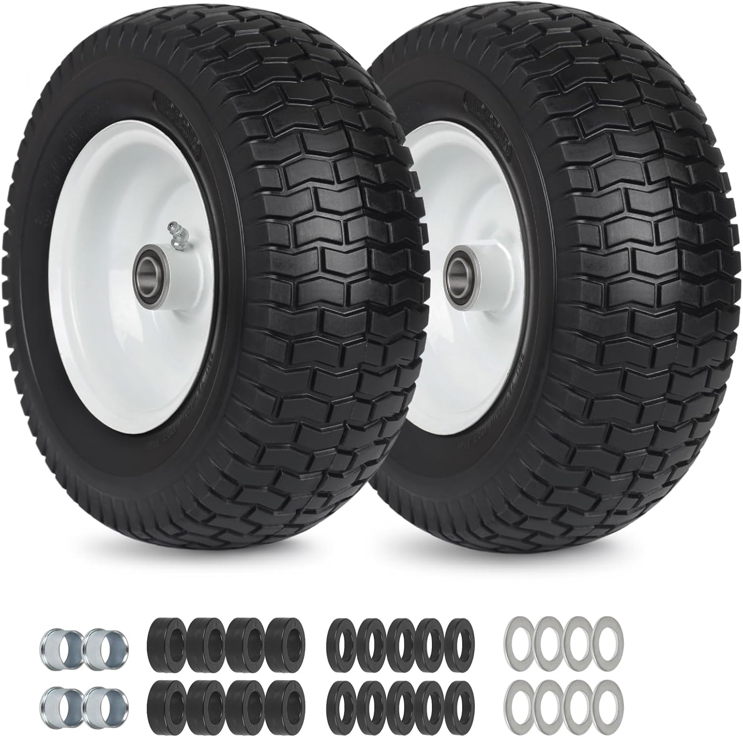 2 Pack, 13x5.00-6 Flat Free Lawn Mower Tire and Wheel, 13x5-6 Riding Lawnmower Tire with 3"-6" Centered Hub and 3/4" & 5/8" Bearings, Tractor Turf Tire Turf-Friendly, 2 Pack 13x5.00-6 Flat Free (Turf Tread)