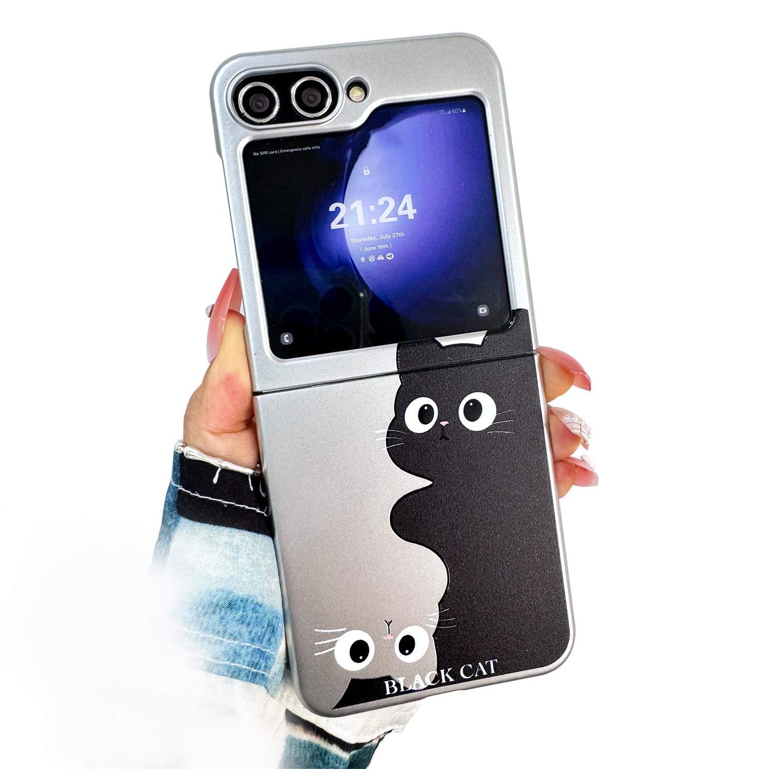 GO-VOLMON Kawaii Silver Plating Case for Samsung Galaxy Z Flip 5 Black and White Cat Print, Cute Kitty Case for Galaxy Z Flip 5 Girly Design, Stylish