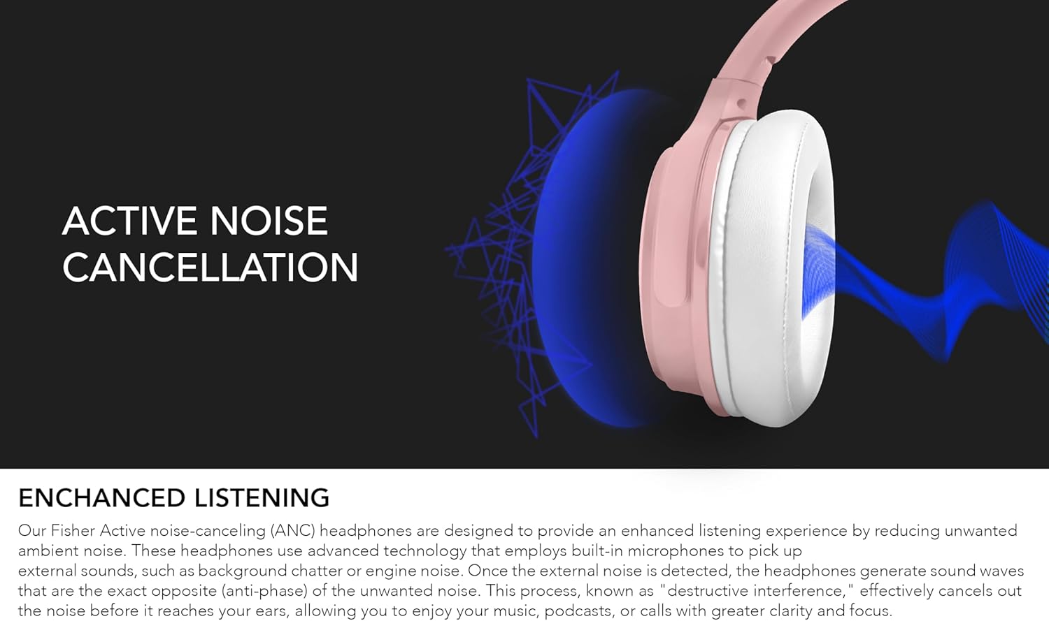 Fisher Pro Active Noise Cancelling Headphones, Over Ear Headphones Wireless Bluetooth 5.3, Microphone, Lightweight Comfortable Headset for Home, Travel, Rechargeable Workout Headphones, Deep Base - Image 5