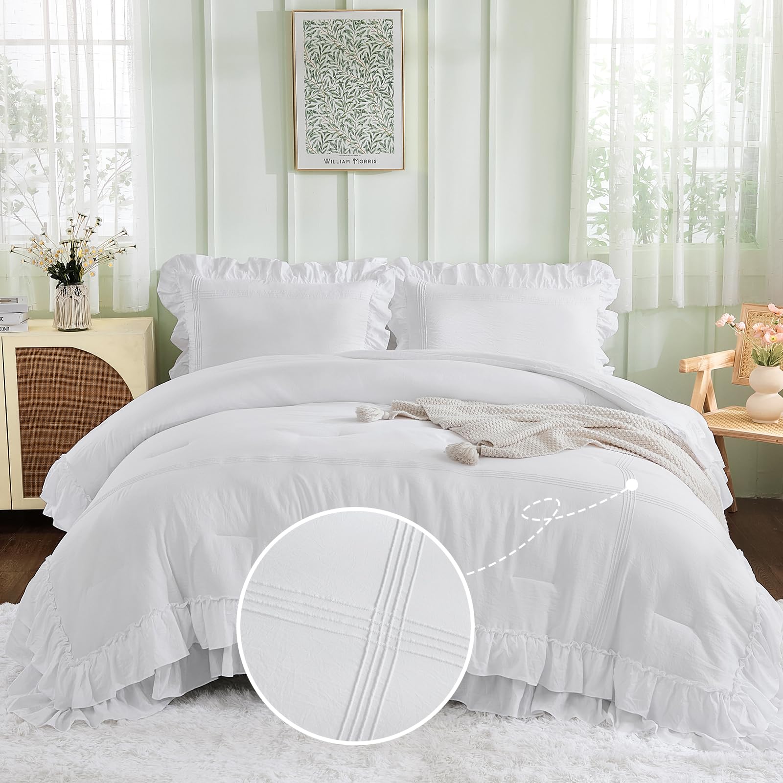 Dintszyayue White Ruffle Comforter Set Queen Size,3 Pieces Microfiber ...
