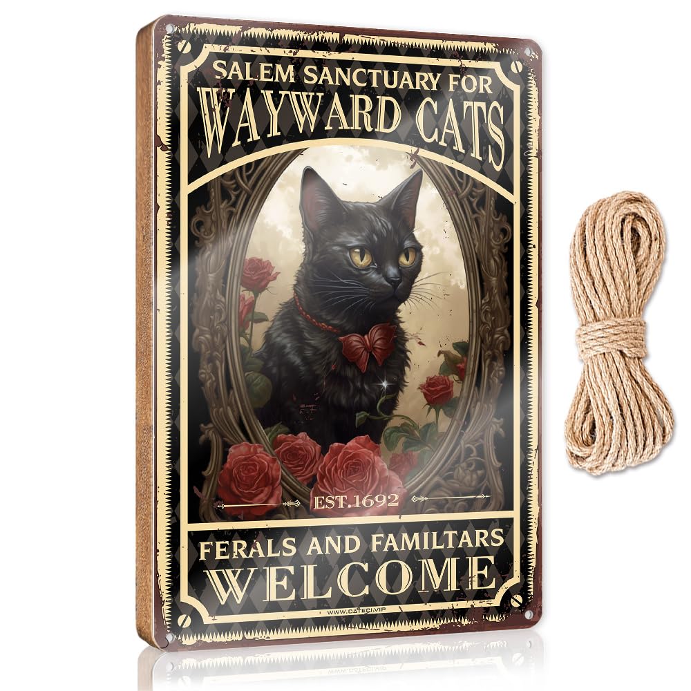 MAHQPZXSF Wood Bathroom Hanging Sign Salem Sanctuary For Wayward Cats Poster Ferals And Familtars Welcome Wooden Sign Bar Signs For Home Decor Bathroom Hanging Decor(20X30CM)