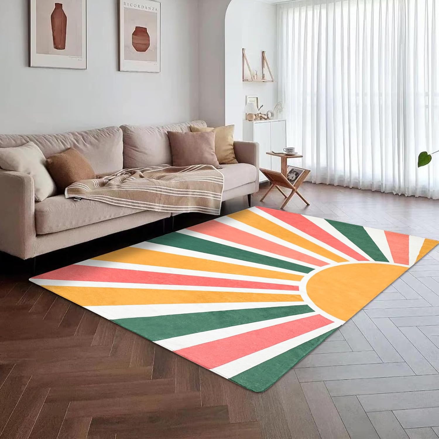 USTIDE Sun Rainbow Area Rug 3' x 5' Small Washable Rug Non-Slip Accent Throw Rugs Floor Carpet for Bedrooms Living Laundry Room Entryway Rug
