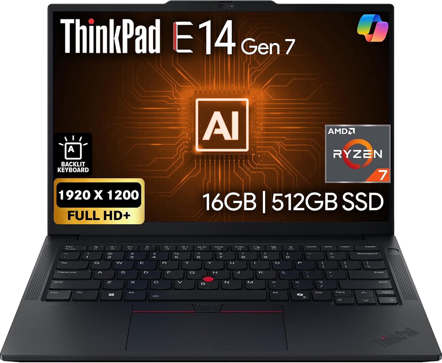 Lenovo ThinkPad E14 Gen 7 14" FHD+ Display, AMD Ryzen 7 250 (Beats Core 7 240H), 16GB DDR5 RAM, 512GB SSD PCIe, Backlit KB, WiFi 6E + BT, RJ-45, FHD Webcam, Windows 11 Pro, AI Business Laptop - Black