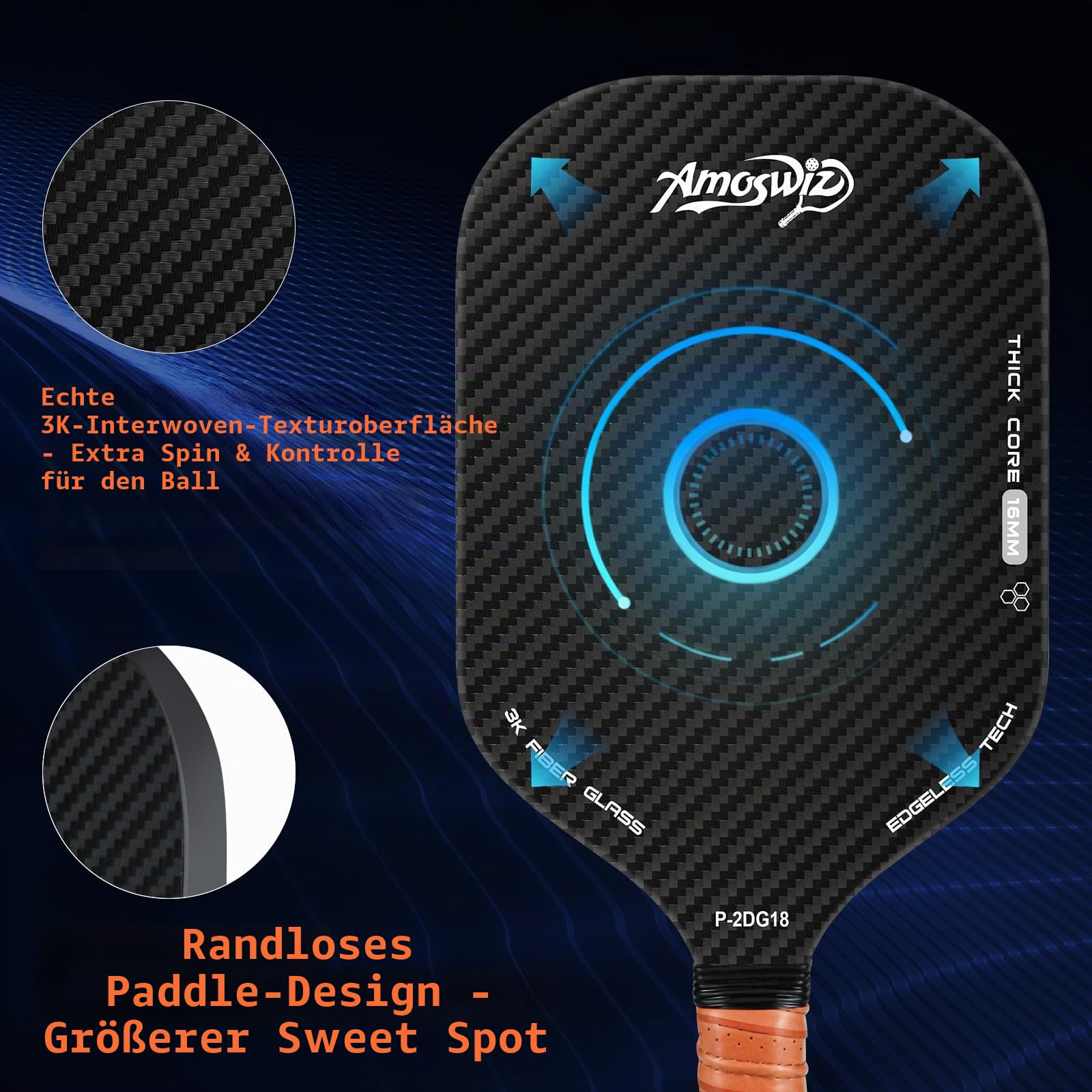 Pickleball-Paddel, 2er-Set, 16 mm, kantenloses Pickle-Ball-Paddel mit 4 Bällen, echte 3K-Karbonoberfläche für Spin und Kontrolle, Geschenk für Männer und Frauen