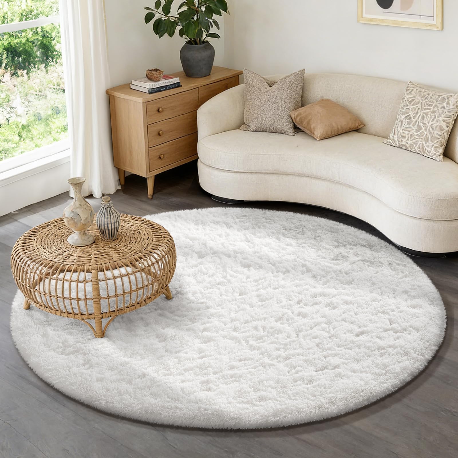 ophanie round rug 6ft white circle area rug, aesthetic room decor, fluffy fuzzy bedroom carpet, plush soft shaggy living room rugs for kids home decor, nursery