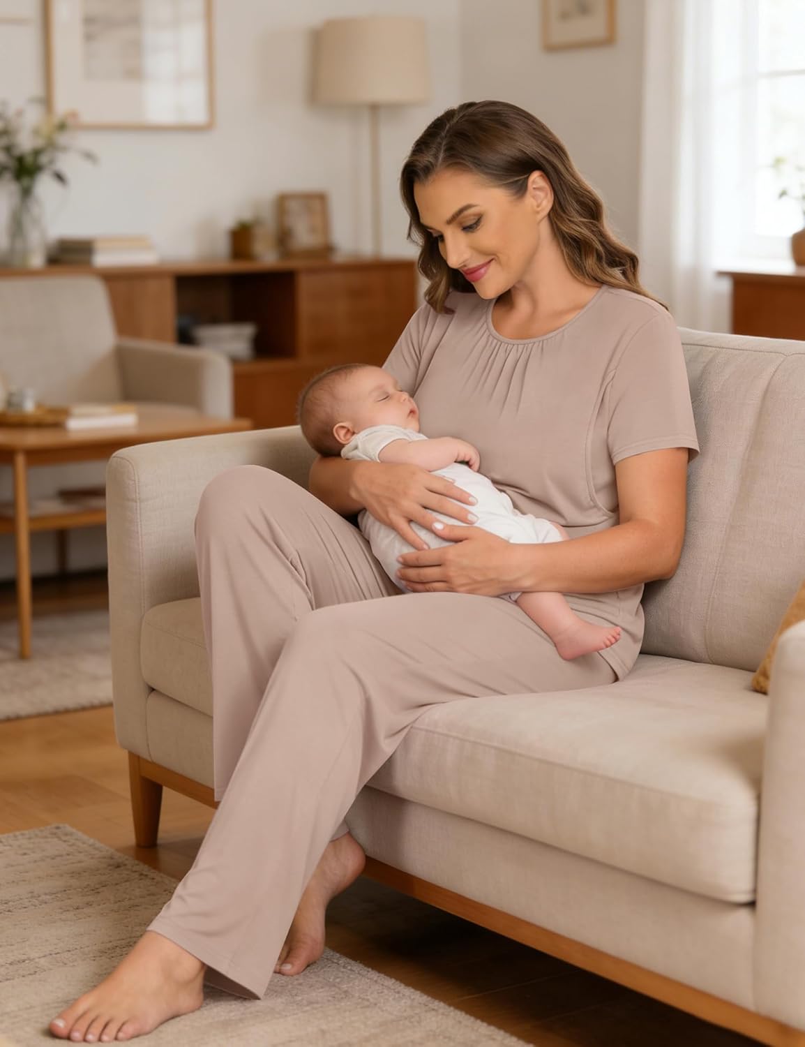 SWOMOG Women 3Pcs Maternity Pajama Set Nursing Pjs Pregnancy Set Breastfeeding Pjs Double Layer with Pockets