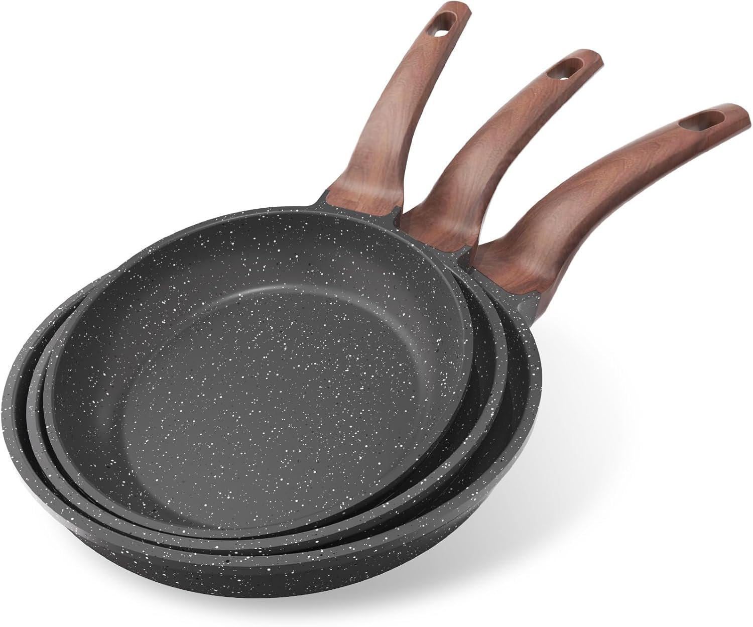 YASHE Granite Frying Pan Set, 3-Piece Pan Sets Non Stick with Handle for Omelette & Sauté, Non Stick Skillet Cookware Compatible with Induction & All Hobs, PFOA Free (20cm, 24cm, 28cm)